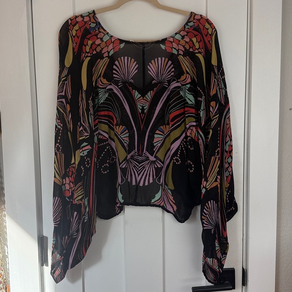 Free People Colorful Boho Poncho Top High Low Draped Festival Blouse Size M - Picture 5 of 7